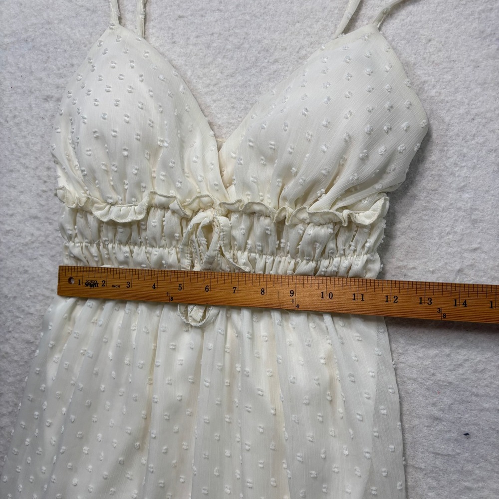 Wishful Thinking Cream Swiss Dot Mini Dress Smocked Waist Ruffle Hem Medium #390 - Picture 10 of 11